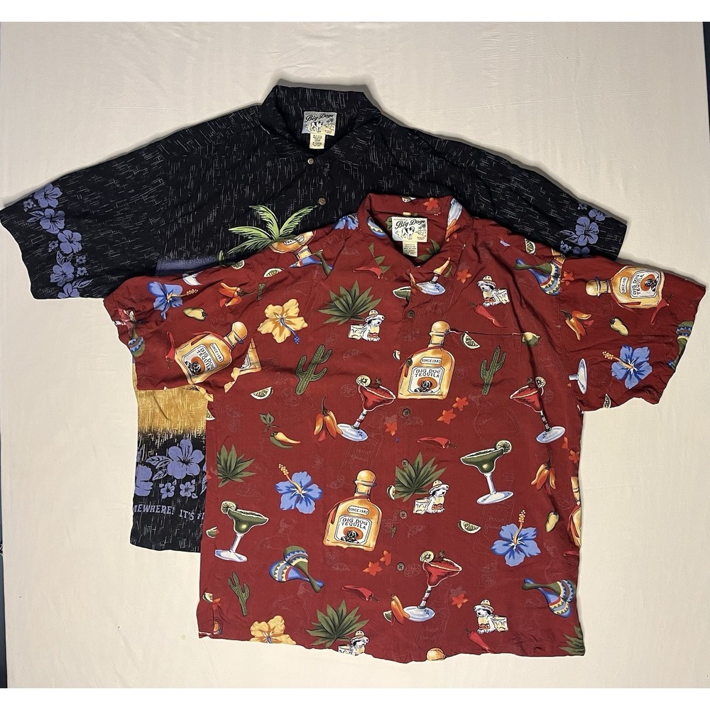 Big Dog Hawaiian Style Shirts Mens Size XL Multicolor Short Sleeve Button Lot X2
